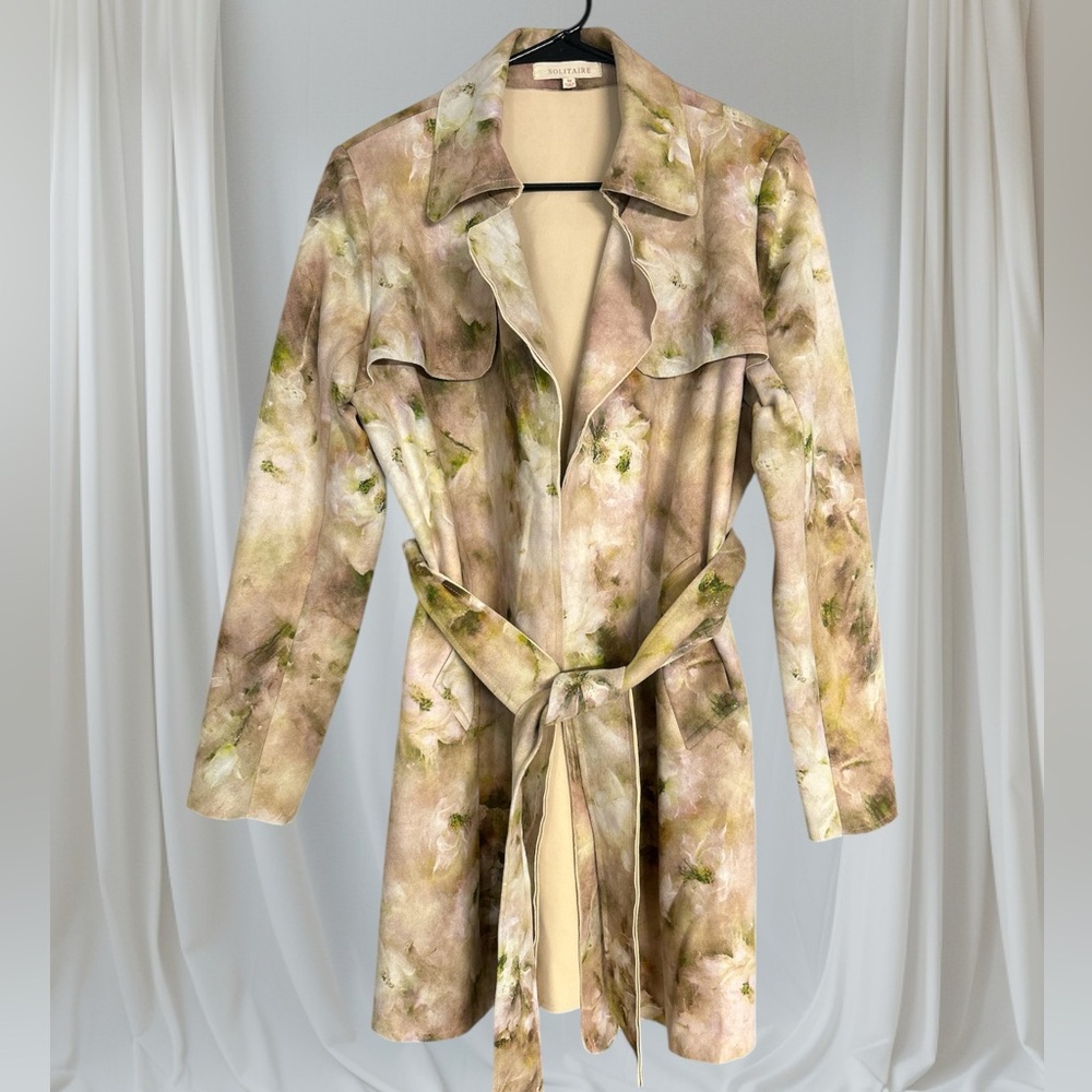 Solitaire Women's Tan Floral Faux Suede Tie-Waist Coat - Brown and Green